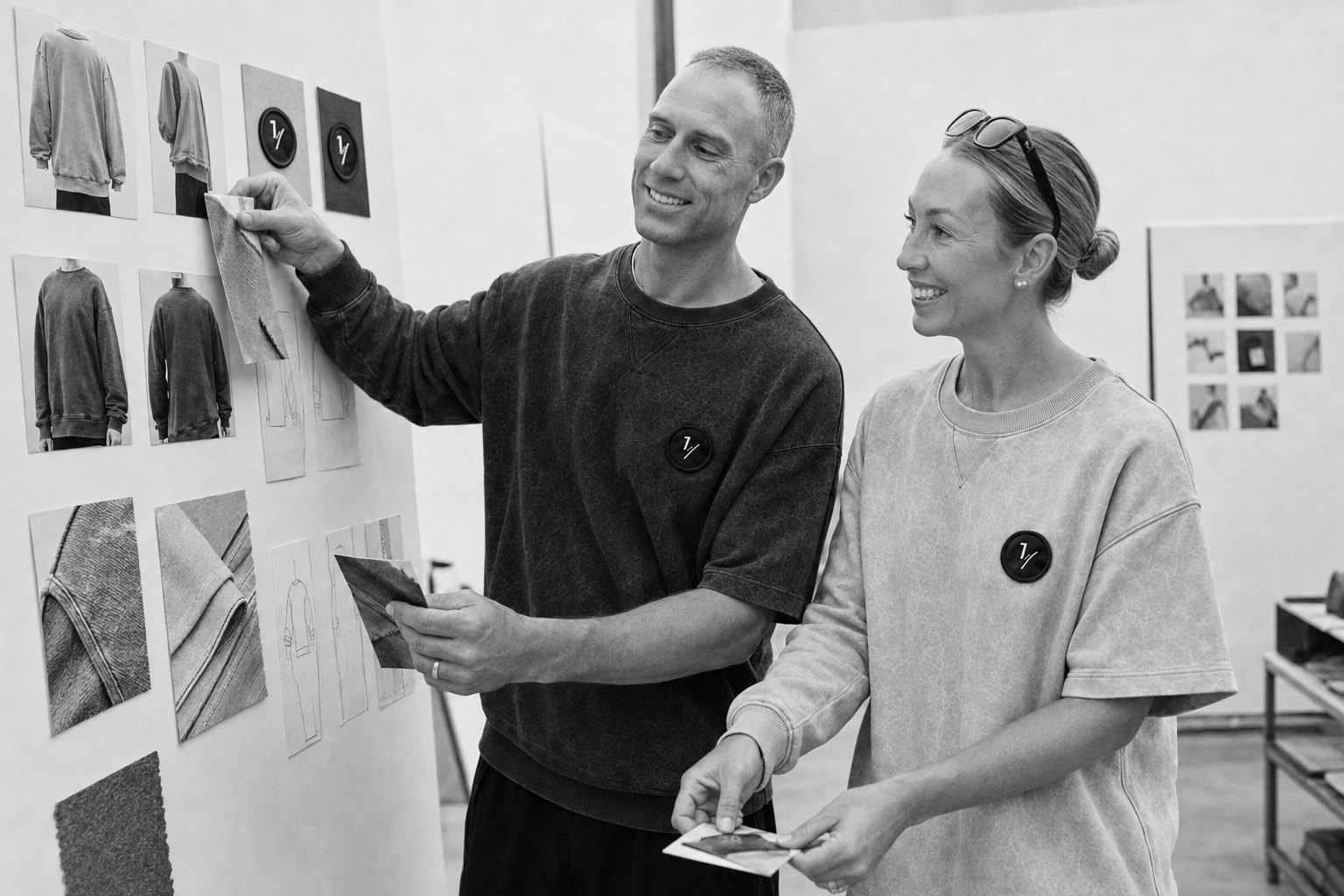 Ross and Anna reviewing ONE ABV garment studies and fabric samples in their design studio